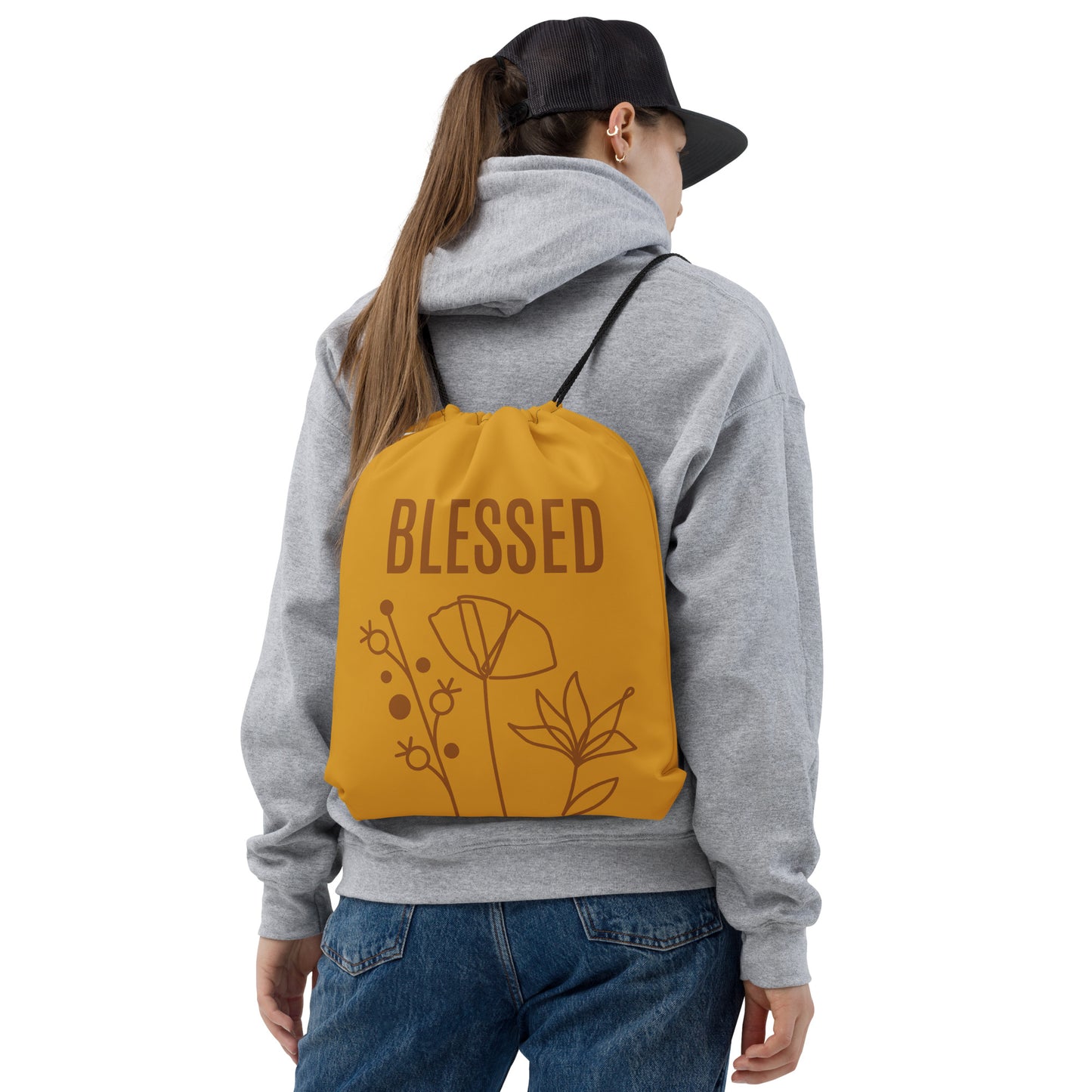 Cool drawstring bag with BLESSED text and monoline illustration