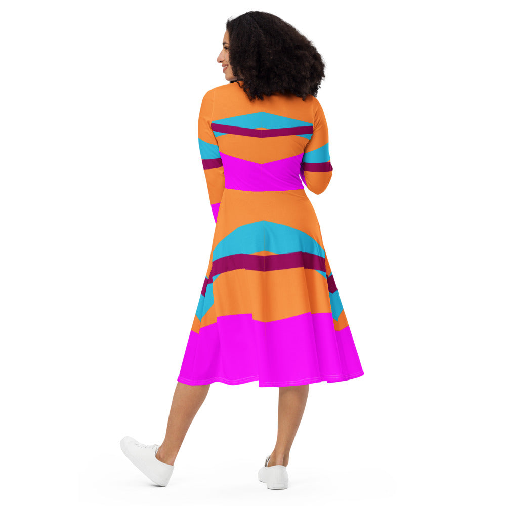 Colorful Blocks Long Sleeve Midi Dress