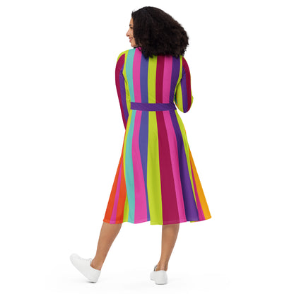 Electric Stripes Long-Sleeve Midi Dress