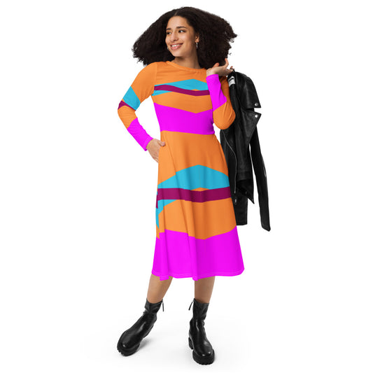 Colorful Blocks Long Sleeve Midi Dress