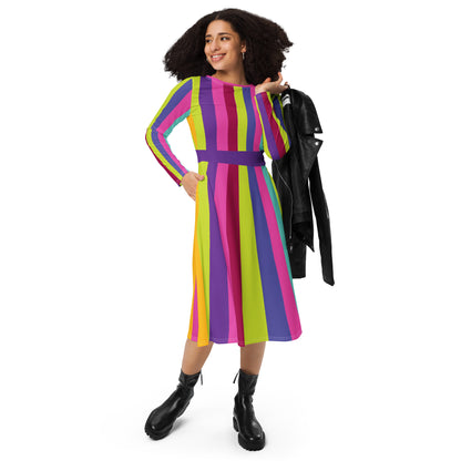 Electric Stripes Long-Sleeve Midi Dress