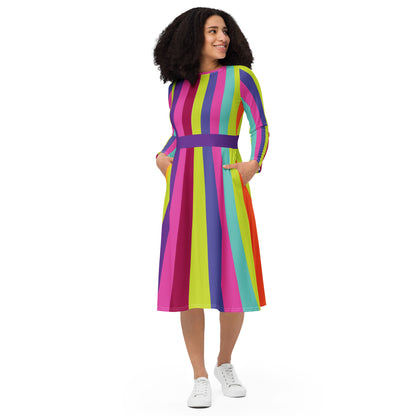 Electric Stripes Long-Sleeve Midi Dress