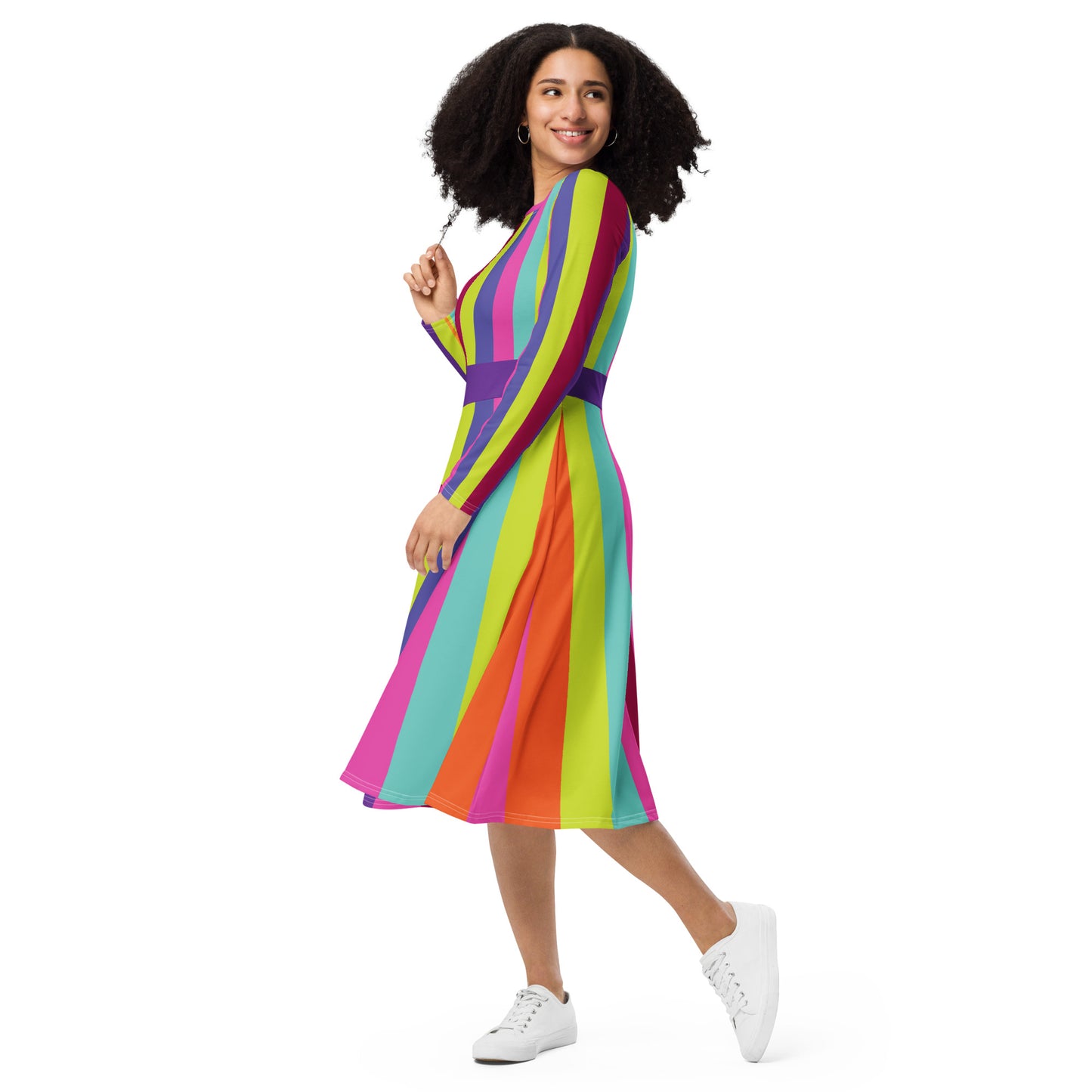 Electric Stripes Long-Sleeve Midi Dress