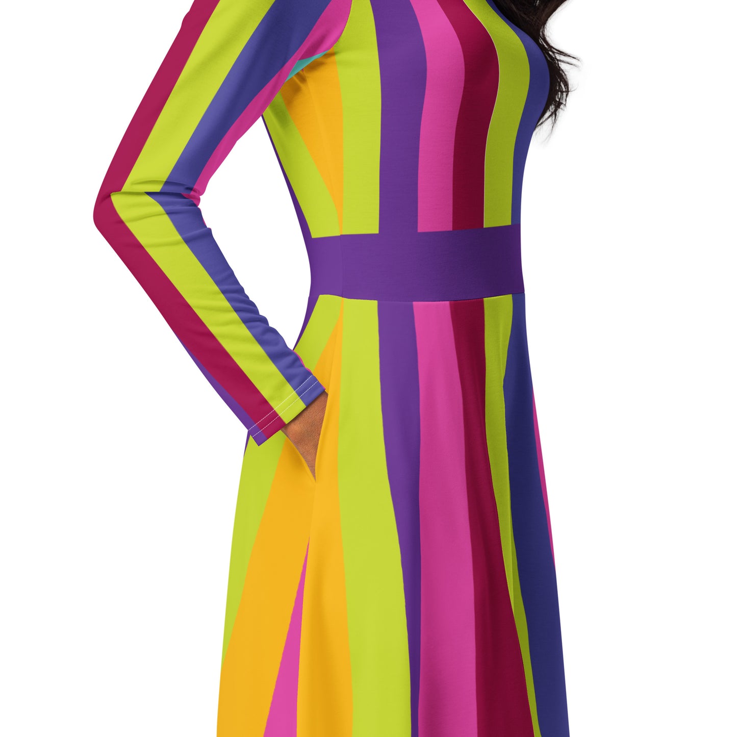 Electric Stripes Long-Sleeve Midi Dress