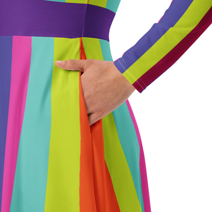 Electric Stripes Long-Sleeve Midi Dress