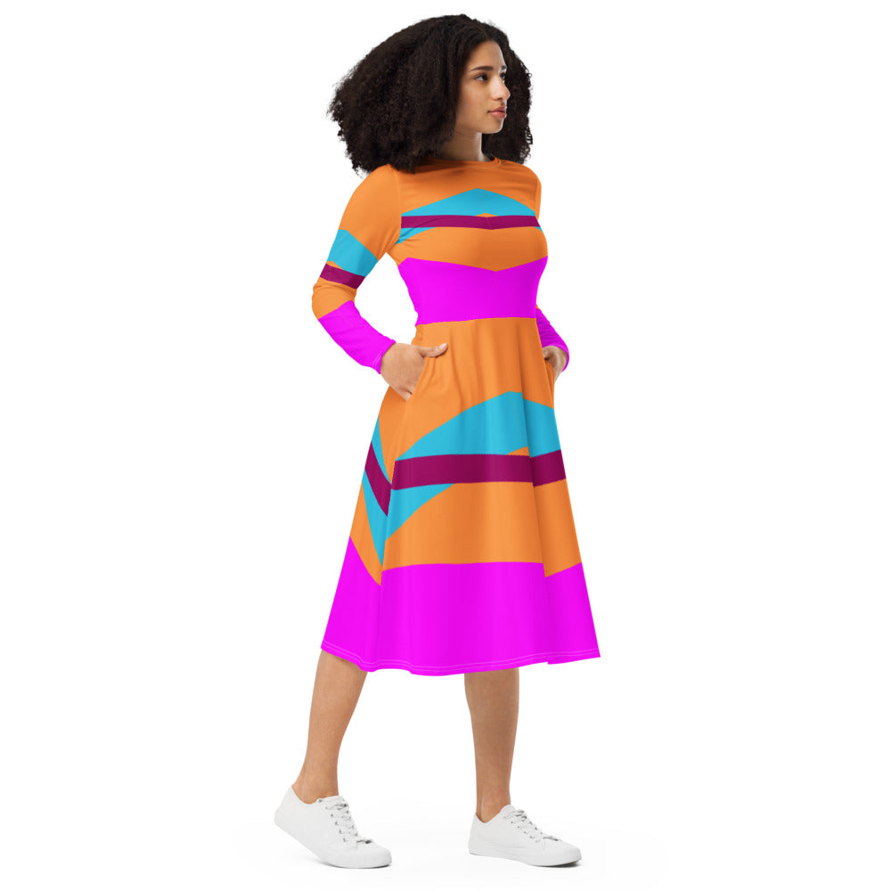 Colorful Blocks Long Sleeve Midi Dress