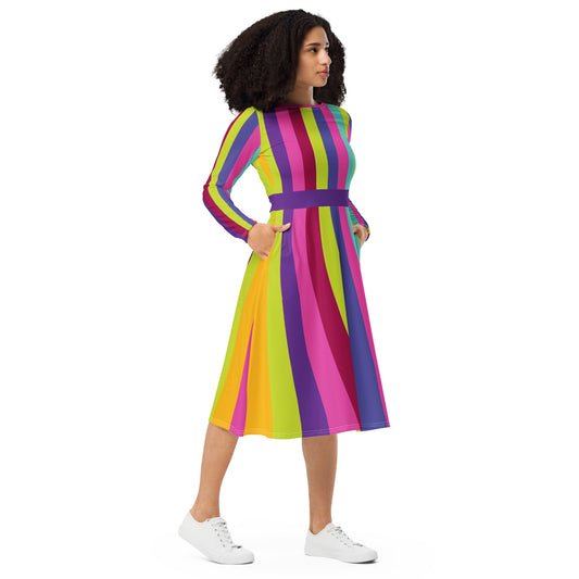 Electric Stripes Long-Sleeve Midi Dress