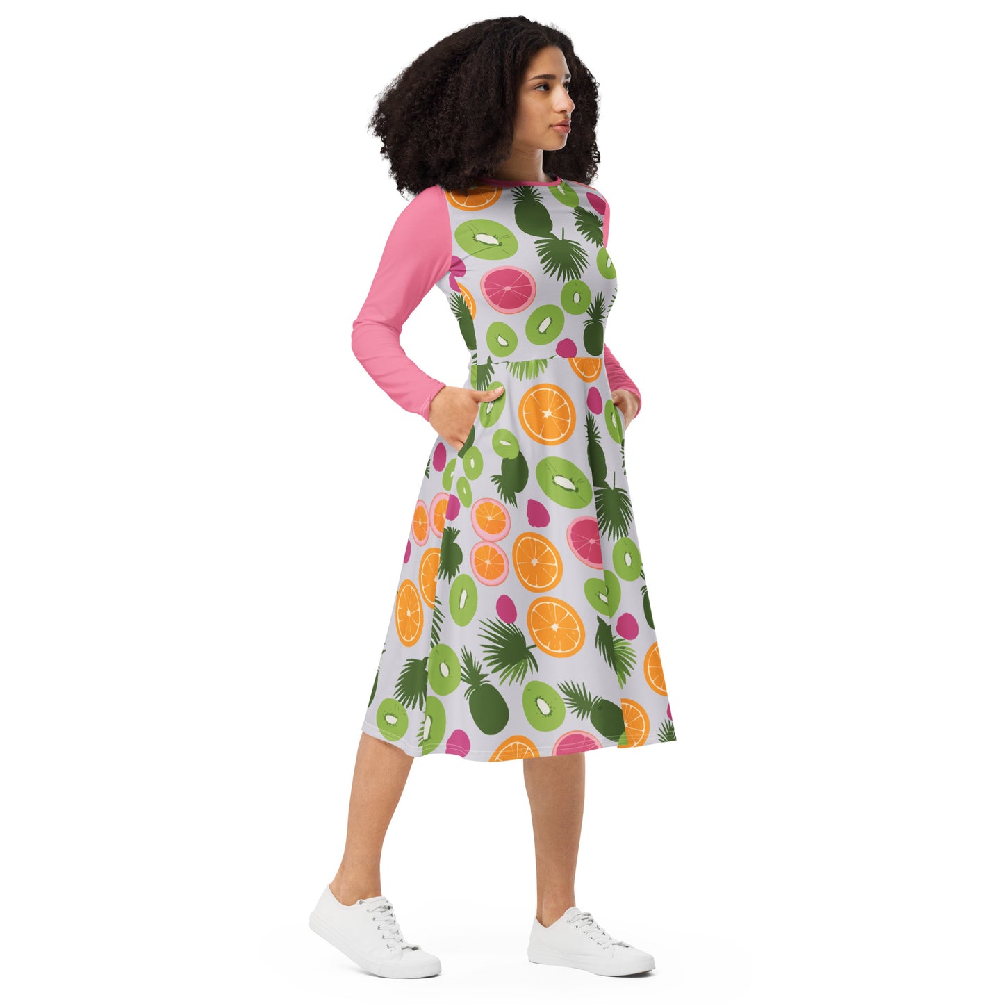 Tropical Pink Kiwi Delight Long Sleeve Midi Dress