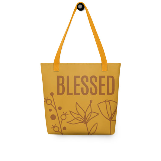 Mustard tote bag, with BLESSED text, and flower monoline design