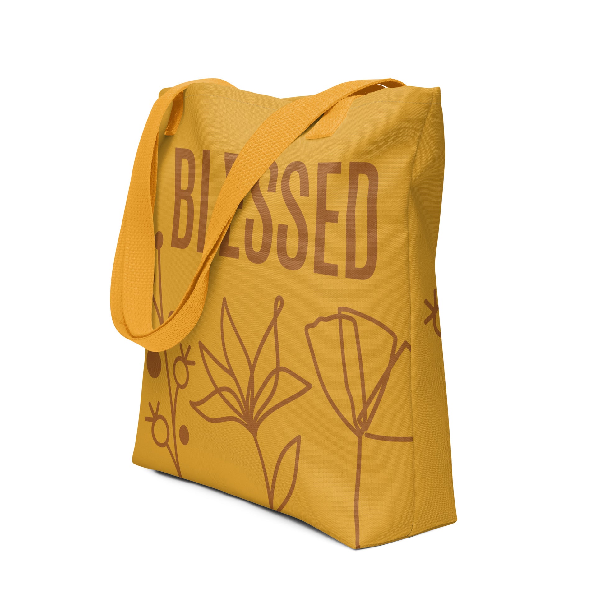 Yellow tote bag, with BLESSED text, and flower monoline design