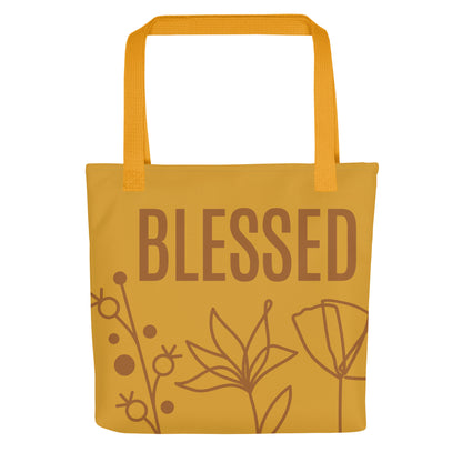 Cool original tote bag in yellow, with BLESSED text, and flower monoline design