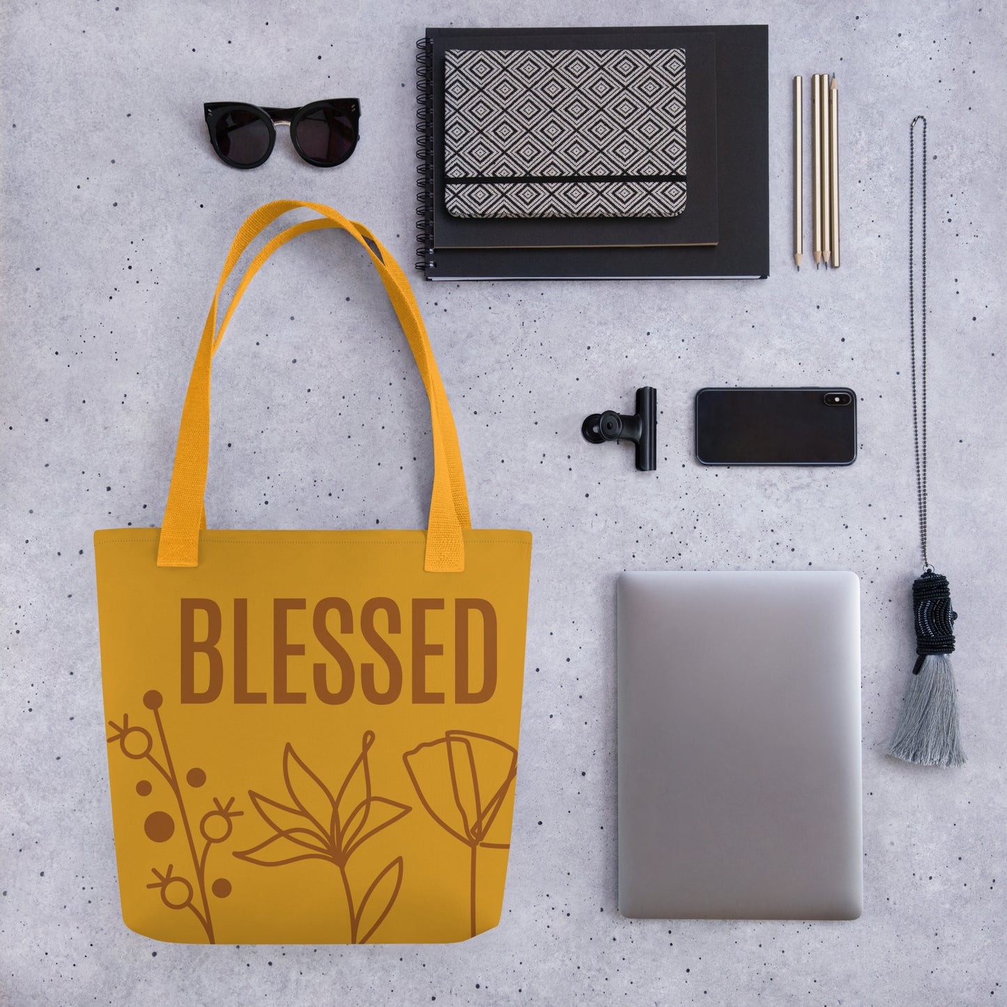 Mustard tote bag, with BLESSED text, and flower monoline design