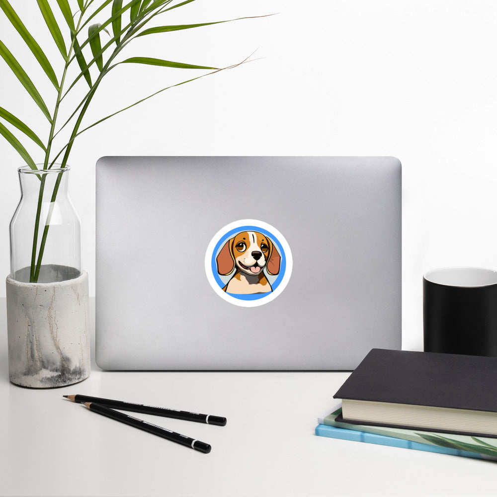 Cute beagle sticker in blue background, 4 inch round