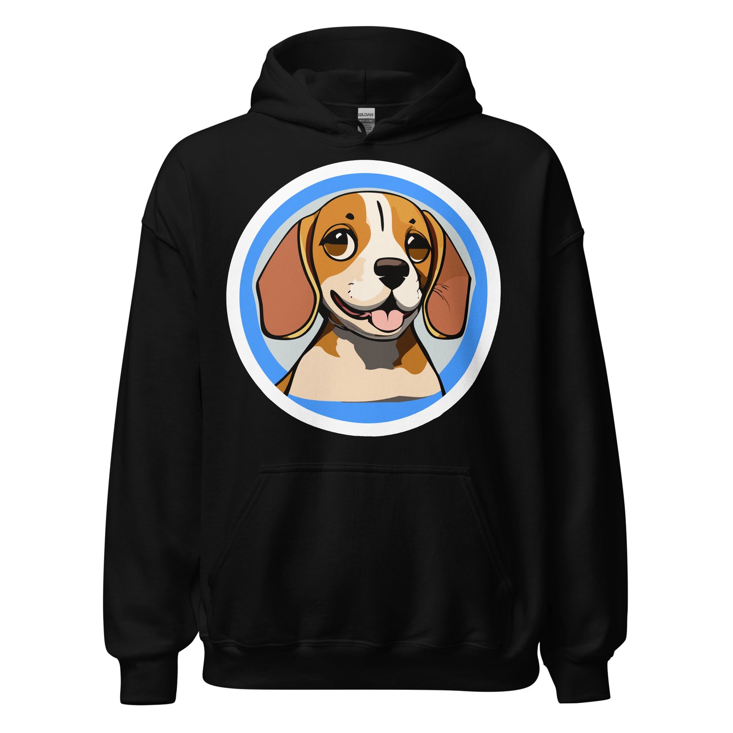 Comfy unisex hoodie for him or her with a cute beagle image, in black