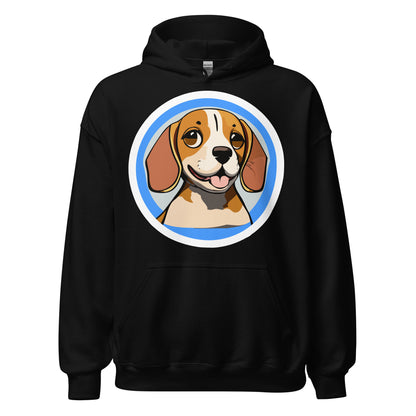 Comfy unisex hoodie for him or her with a cute beagle image, in black