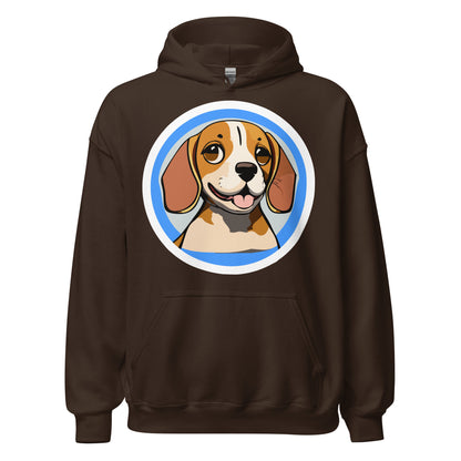 Comfy unisex hoodie for him or her with a cute beagle image, in chocolate color