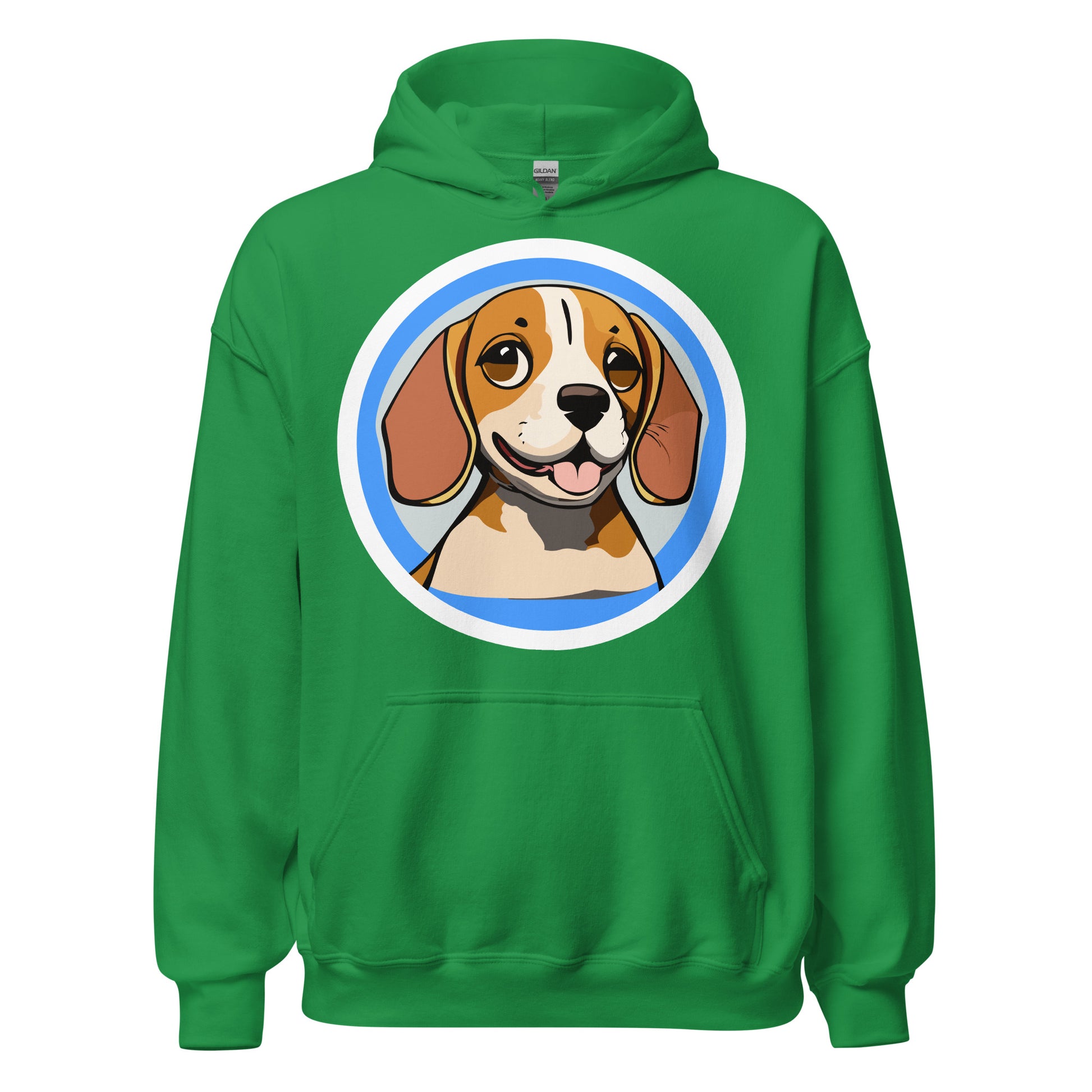 Comfy unisex hoodie for him or her with a cute beagle image, in irish green