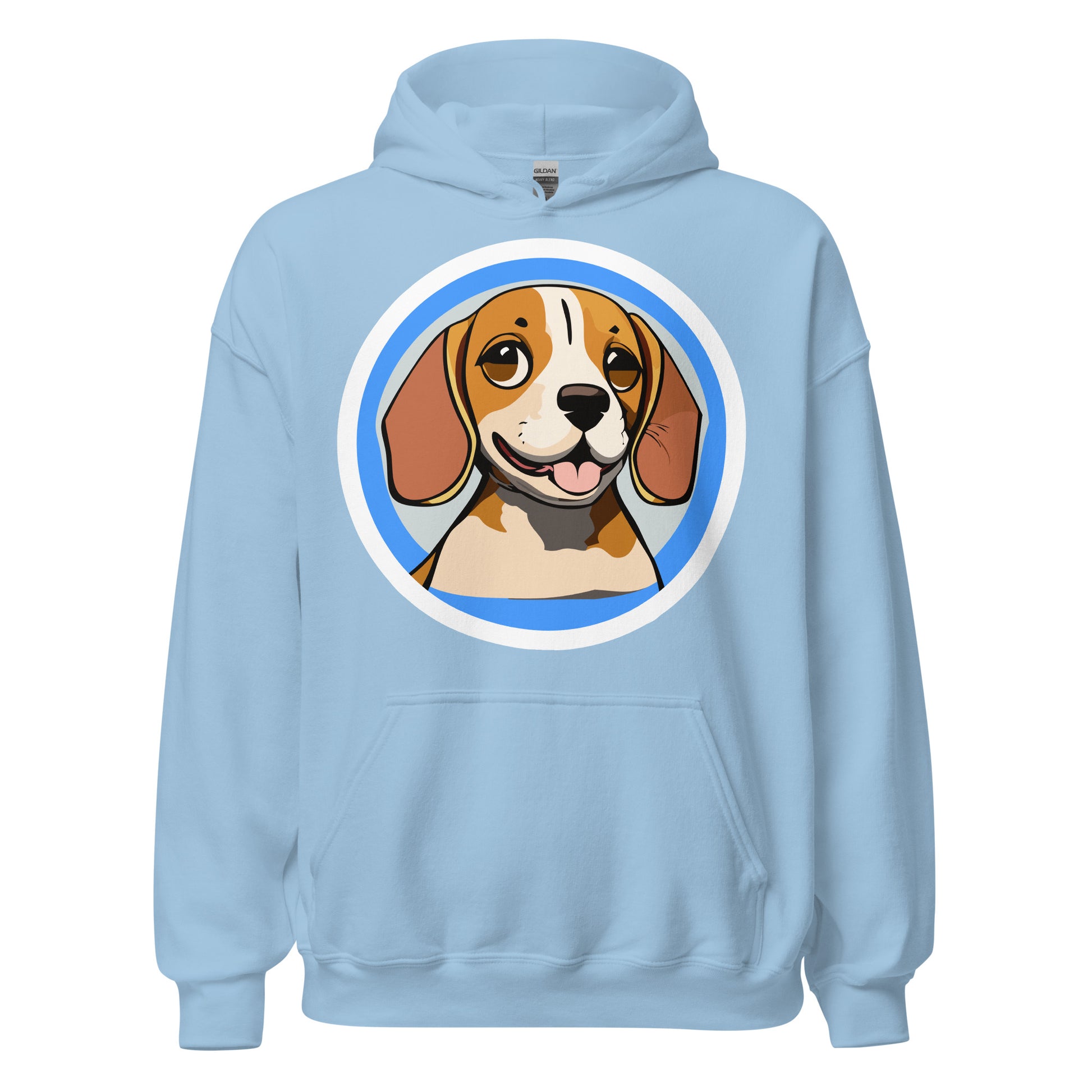 Comfy unisex hoodie for him or her with a cute beagle image, in light blue color