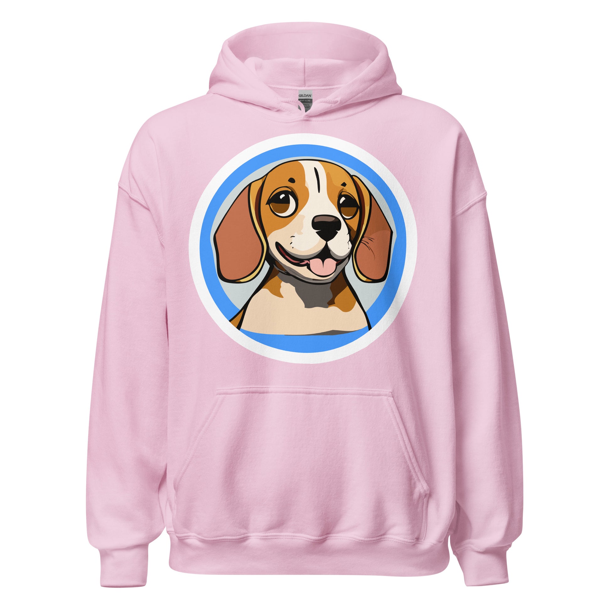 Comfy unisex hoodie for him or her with a cute beagle image, in light pink