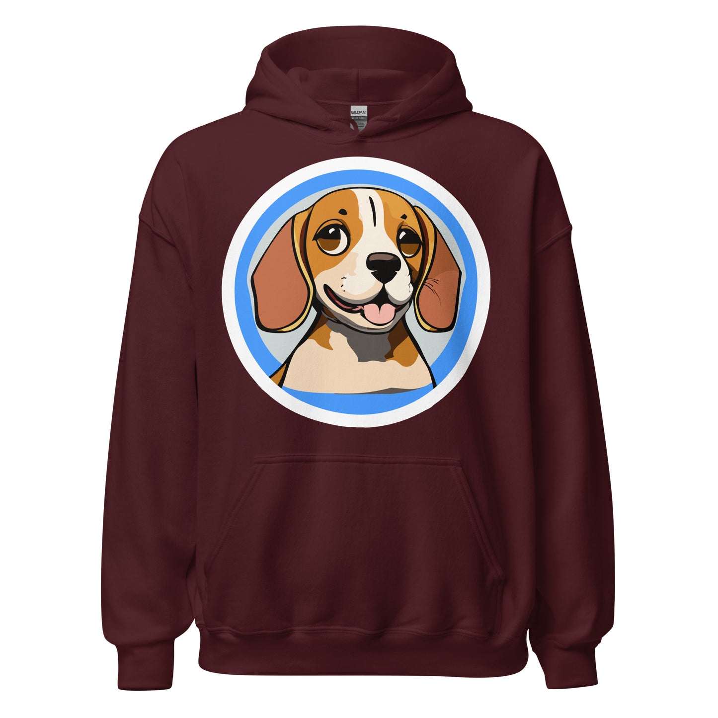 Comfy unisex hoodie for him or her with a cute beagle image, in maroon