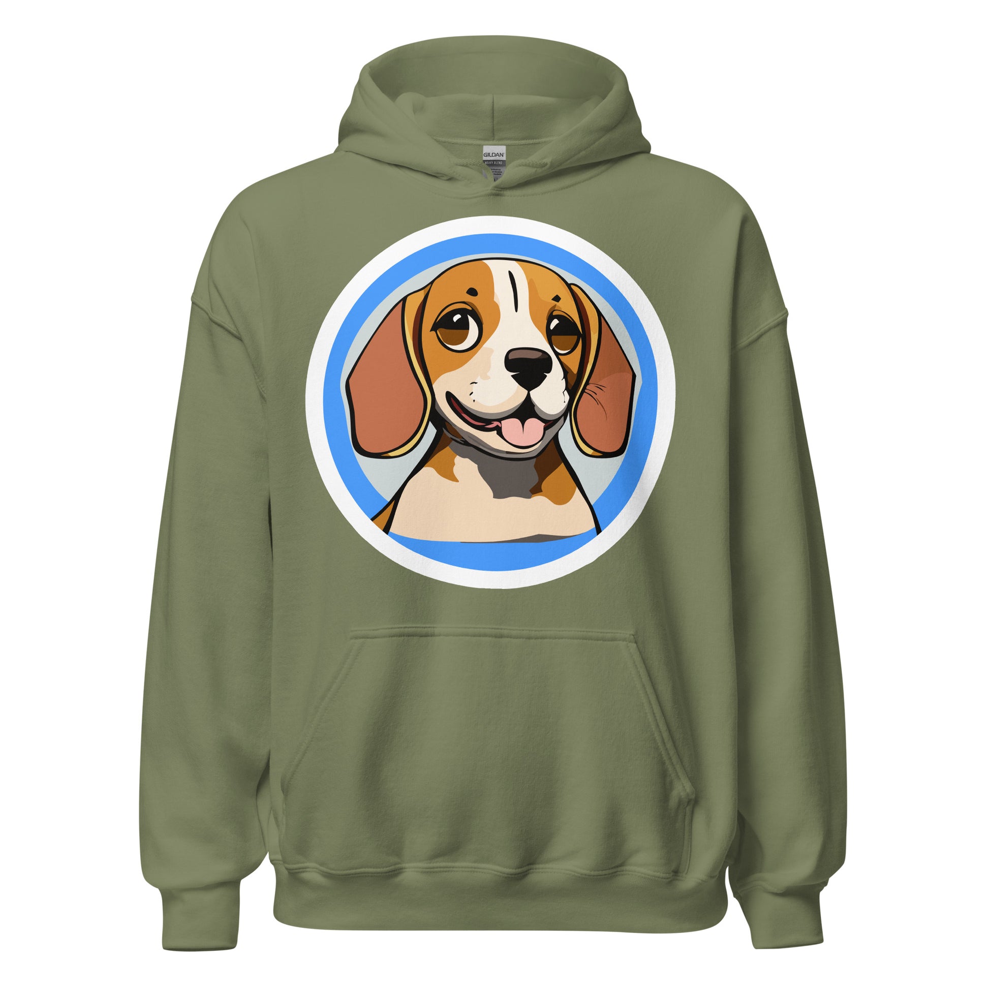 Comfy unisex hoodie for him or her with a cute beagle image, in military green