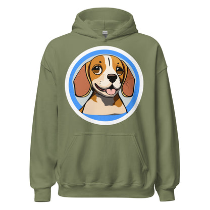 Comfy unisex hoodie for him or her with a cute beagle image, in military green