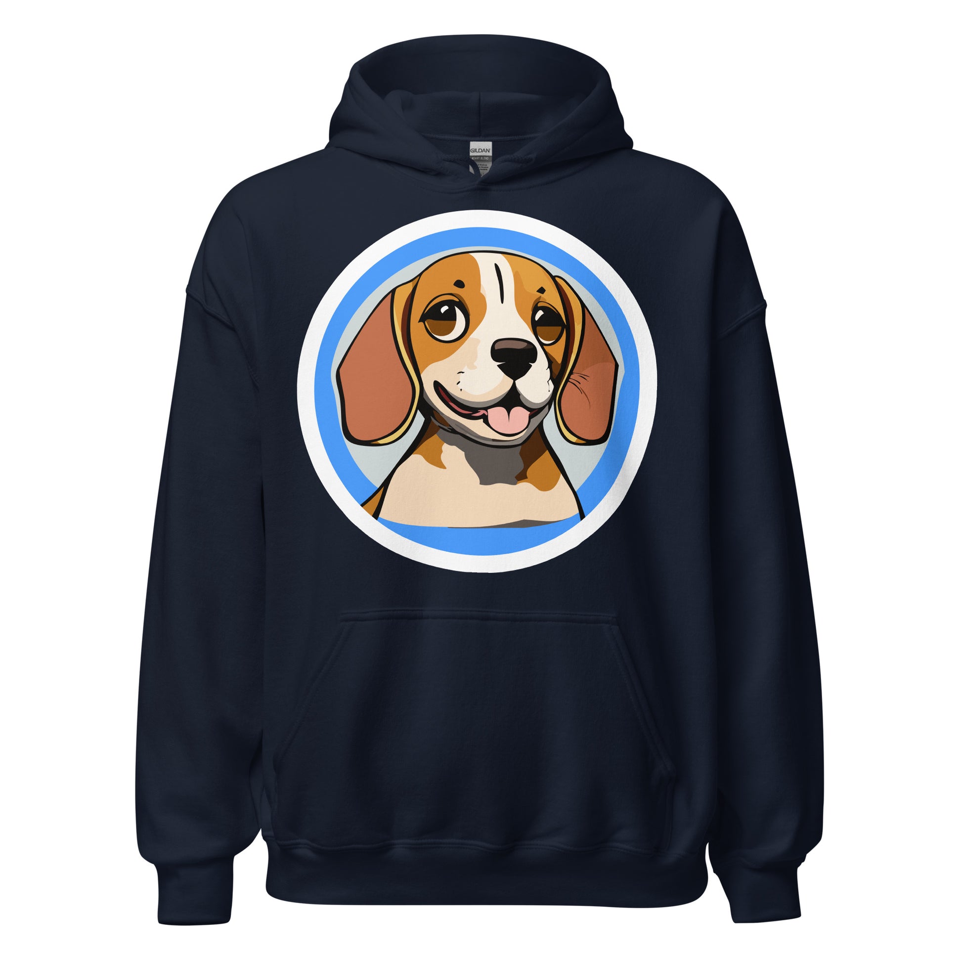 Comfy unisex hoodie for him or her with a cute beagle image, in navy