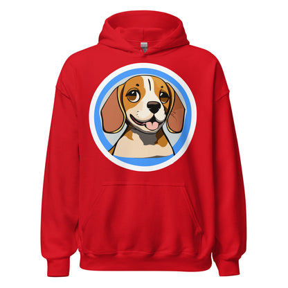 Comfy unisex hoodie for him or her with a cute beagle image, in red