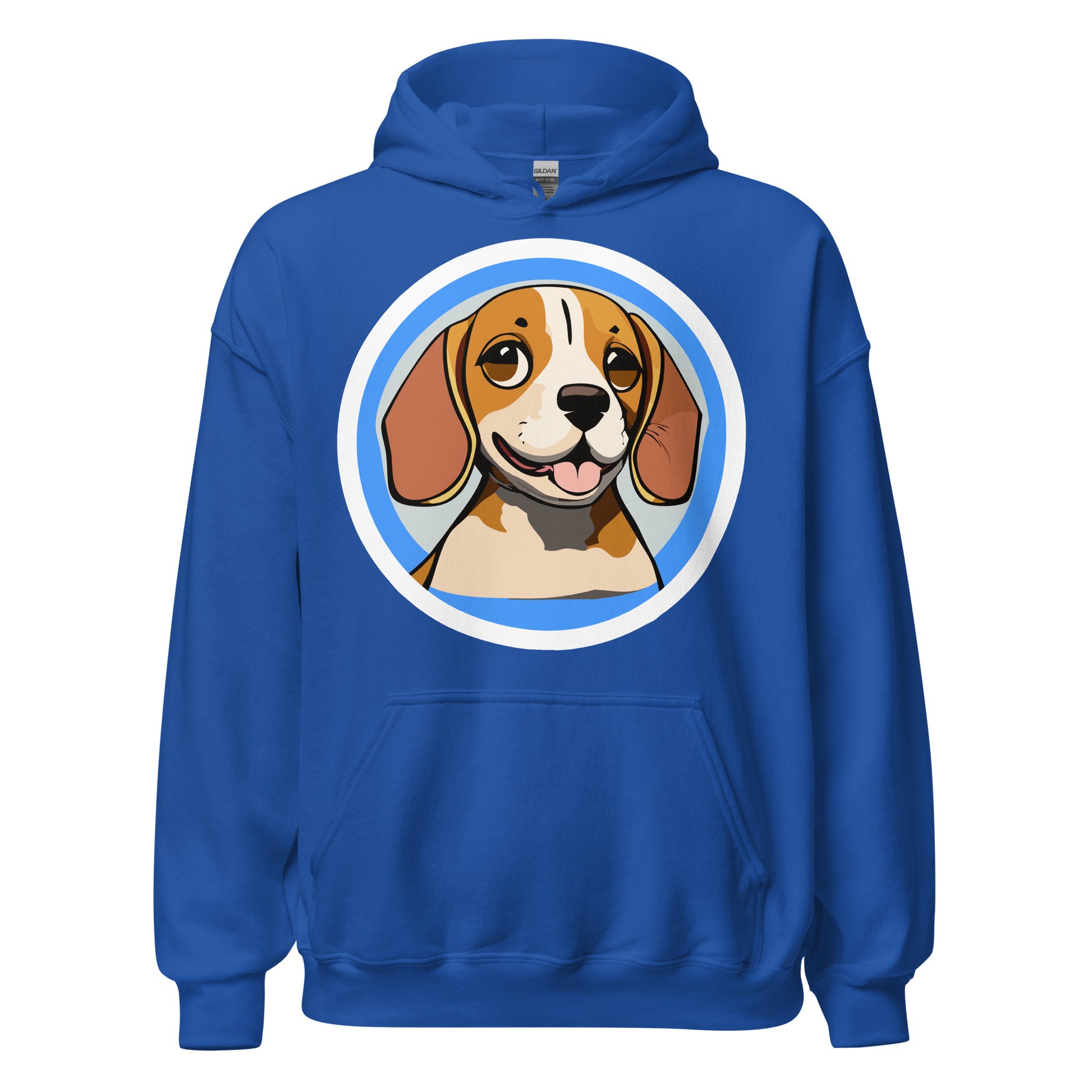 Comfy unisex hoodie for him or her with a cute beagle image, in royal blue