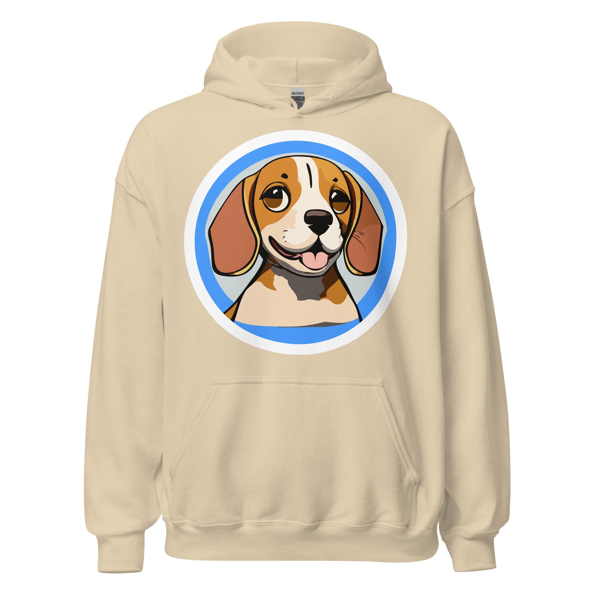 Comfy unisex hoodie for him or her with a cute beagle image, in sand color