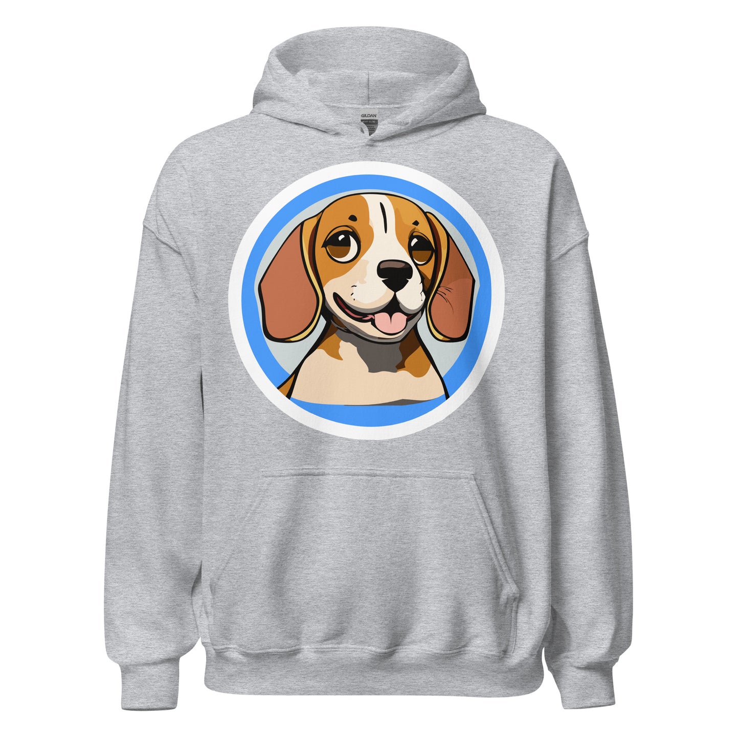 Comfy unisex hoodie for him or her with a cute beagle image, in grey