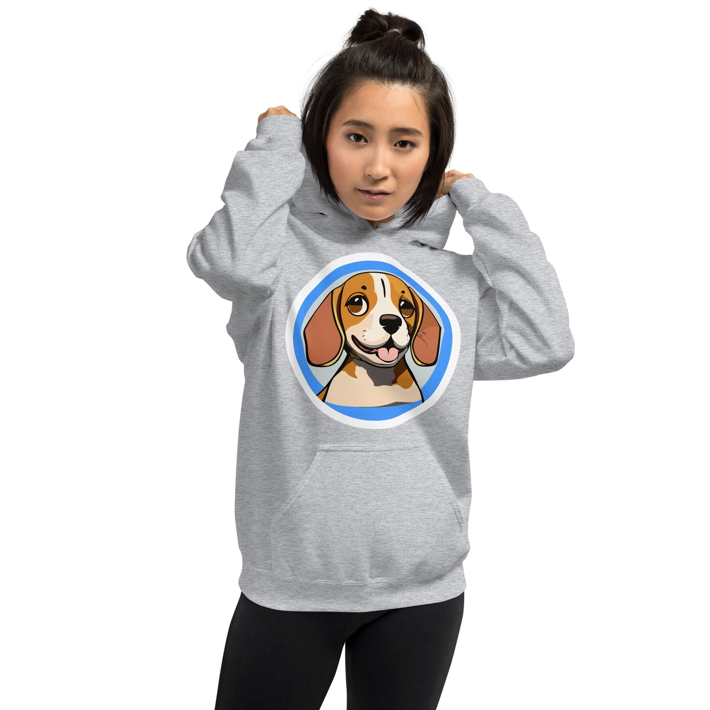 Comfy unisex hoodie for him or her with a cute beagle image, in grey