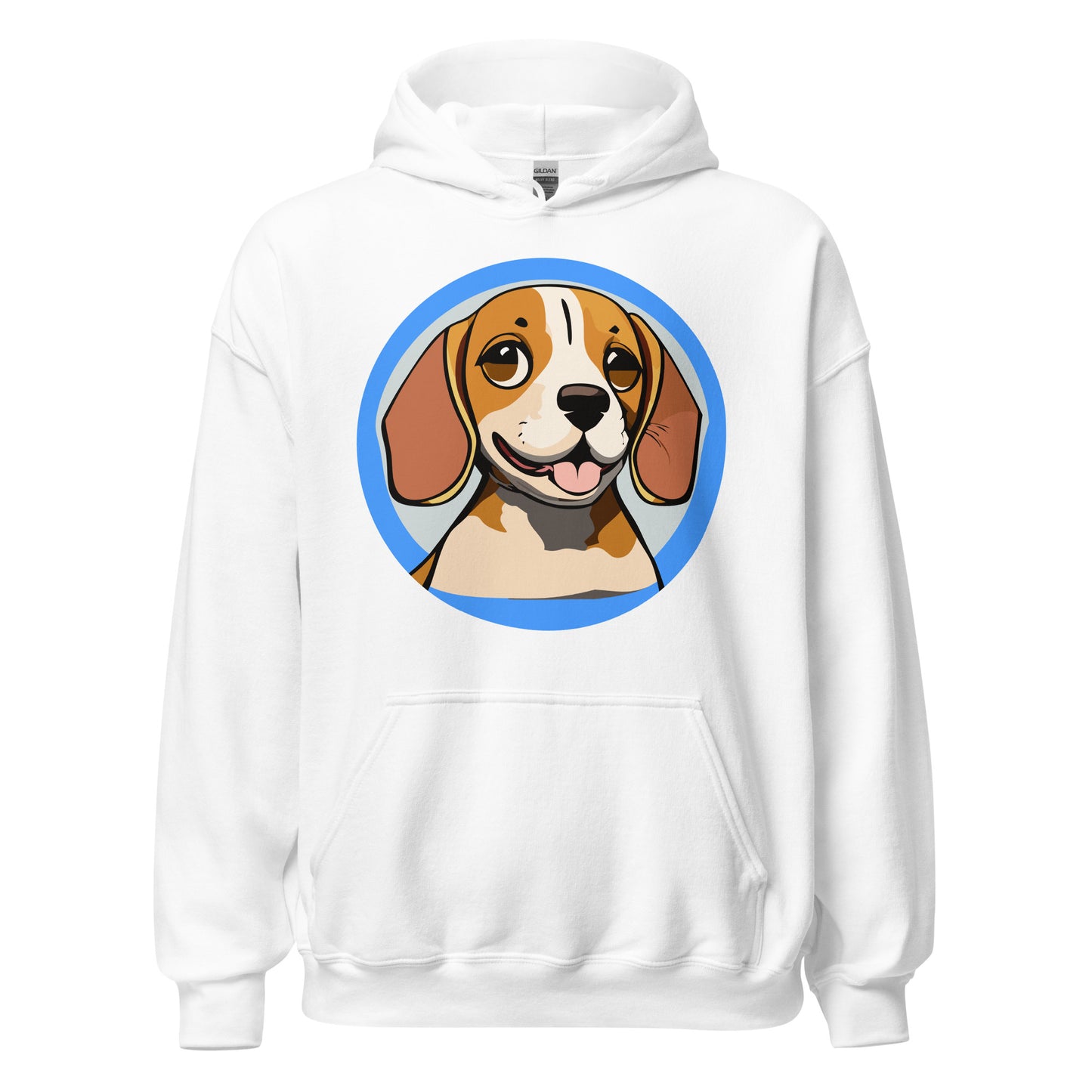 Comfy unisex hoodie for him or her with a cute beagle image, in white